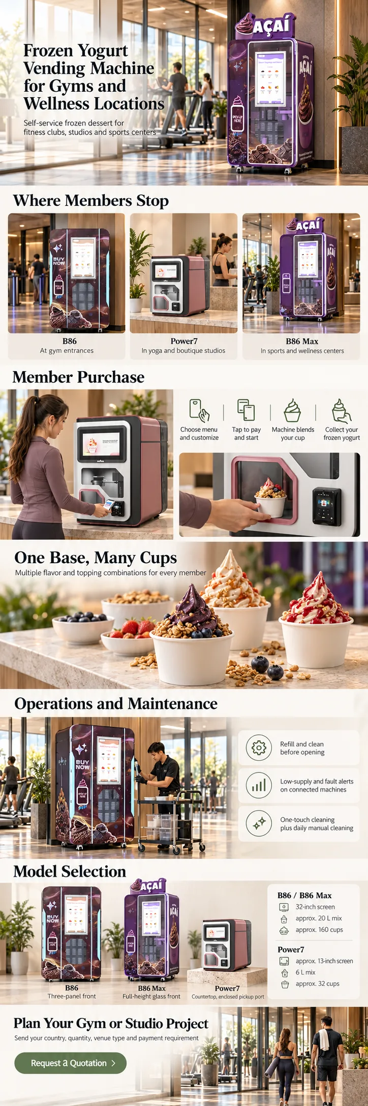 Huaxin B86 Max frozen yogurt vending machine in a fitness club reception lounge